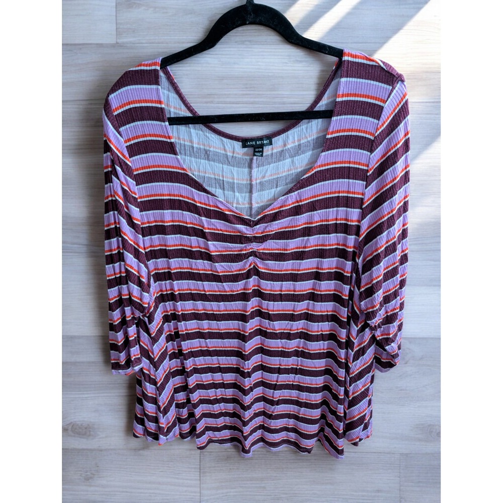 Lane Bryant Top Plus Size 22/24 22 24 Striped V Neck Ruched Shirt Tunic 3/4 Slvs